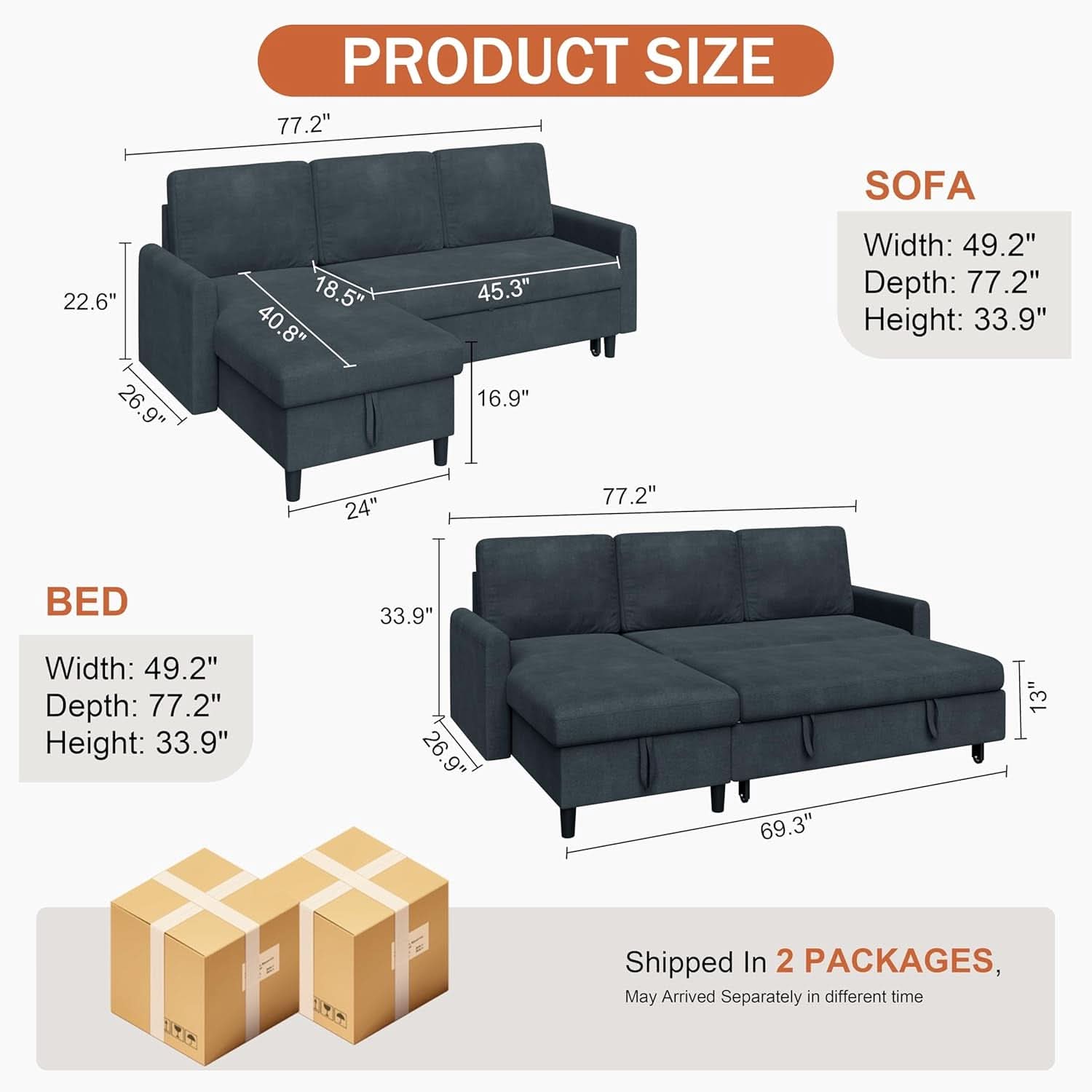 Dark Grey LShaped Convertible Sleeper Sofa Durable