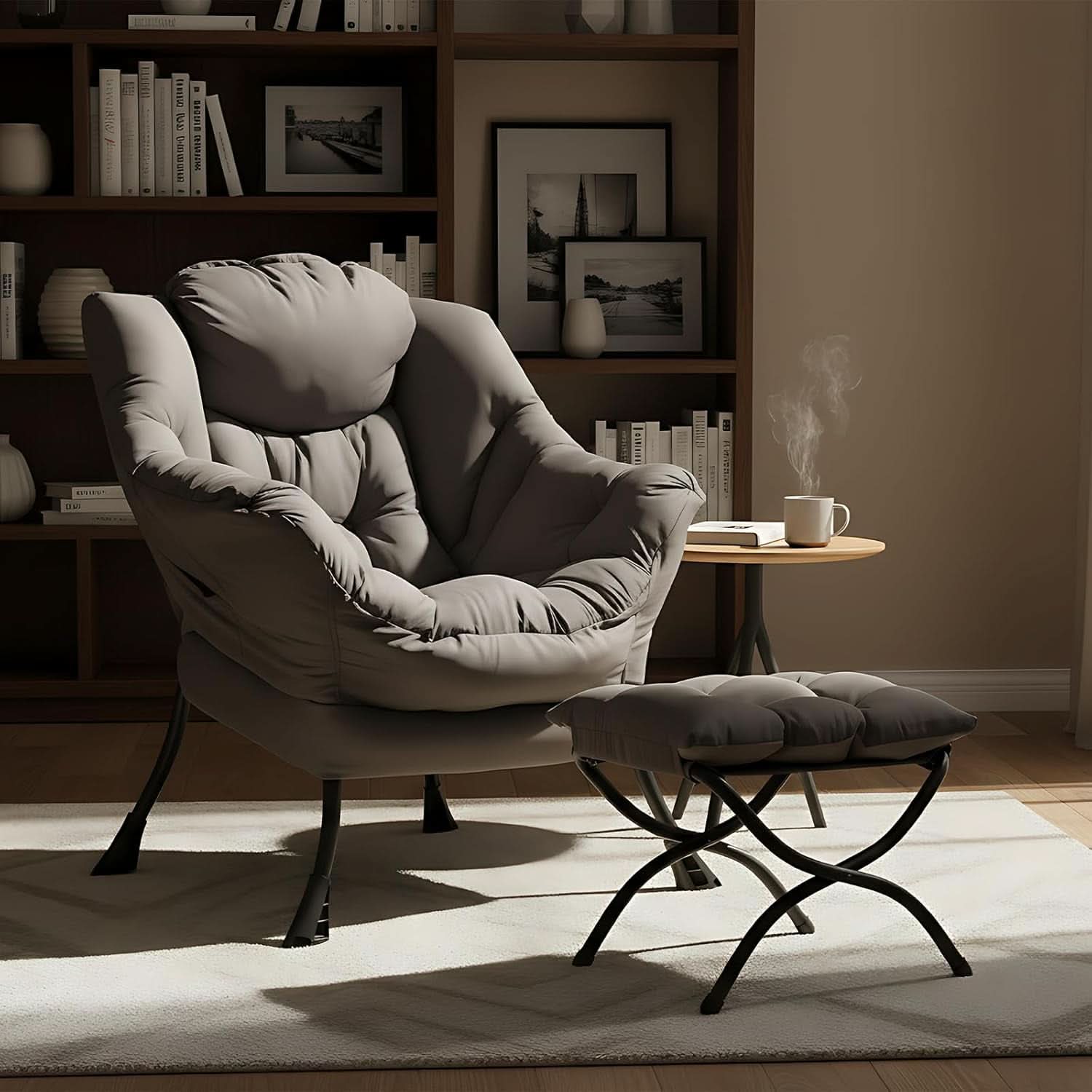 Dark Grey Lazy Chair With Ottoman Footrest And Side Pocket