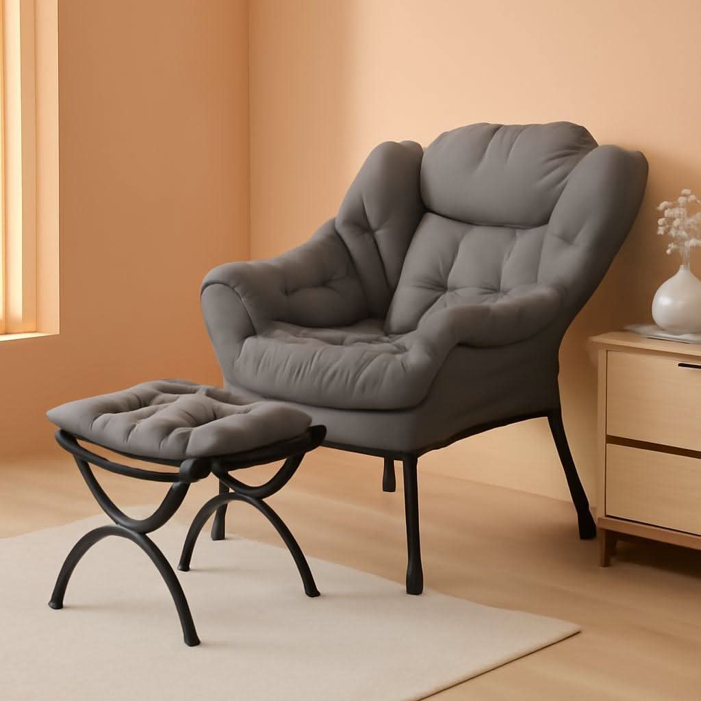 Dark Grey Lazy Chair With Ottoman Footrest And Side Pocket