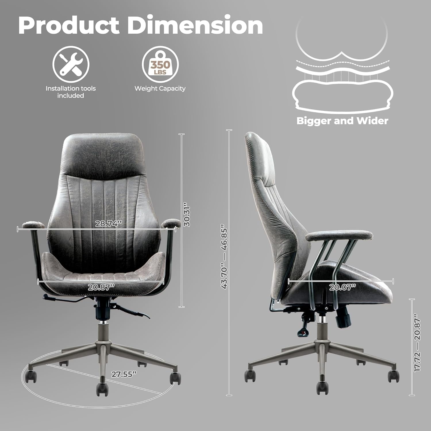 Dark Grey Leather Office Chair With Lumbar Support