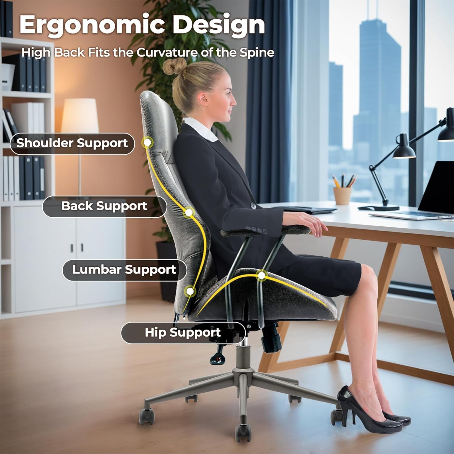Dark Grey Leather Office Chair With Lumbar Support