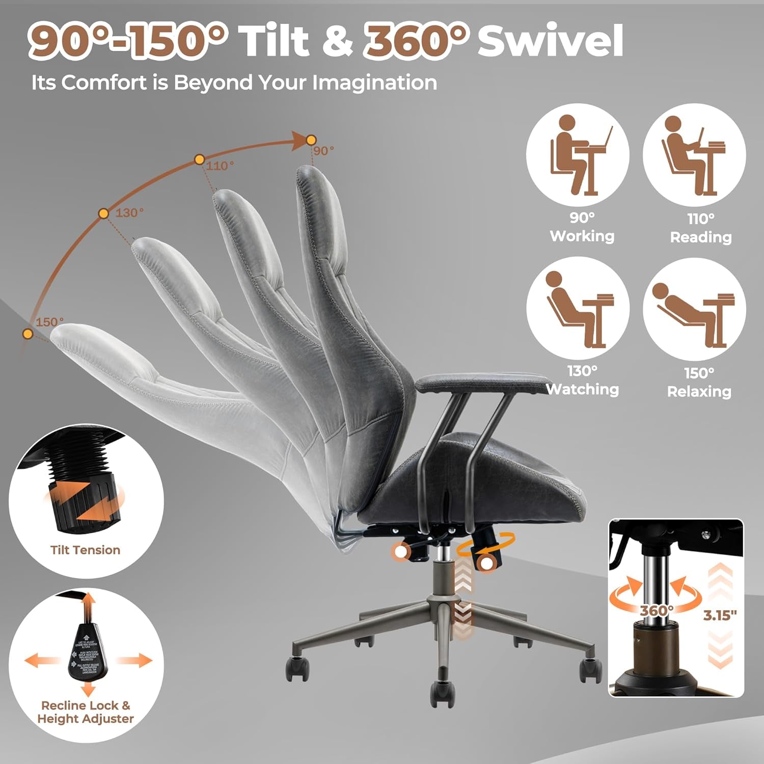 Dark Grey Leather Office Chair With Lumbar Support