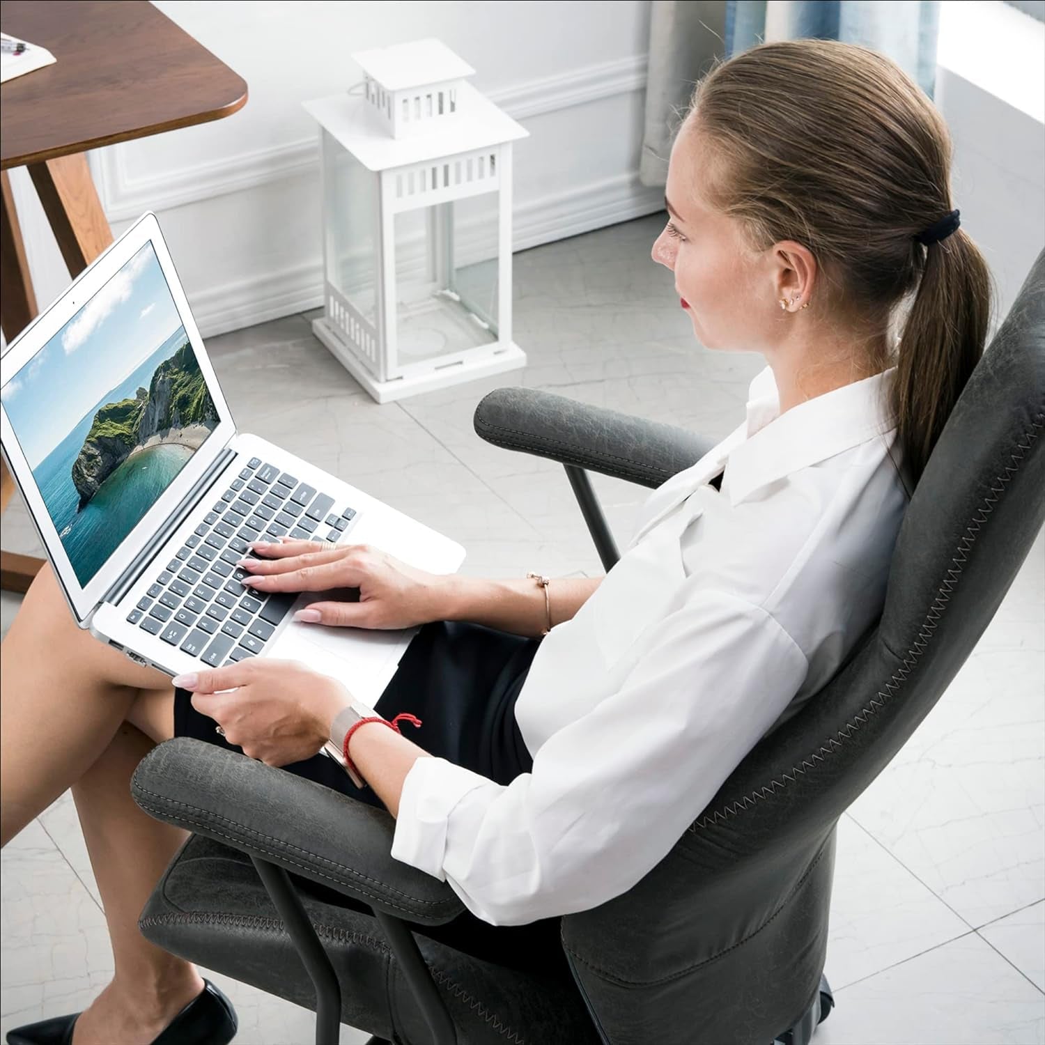 Dark Grey Leather Office Chair With Lumbar Support
