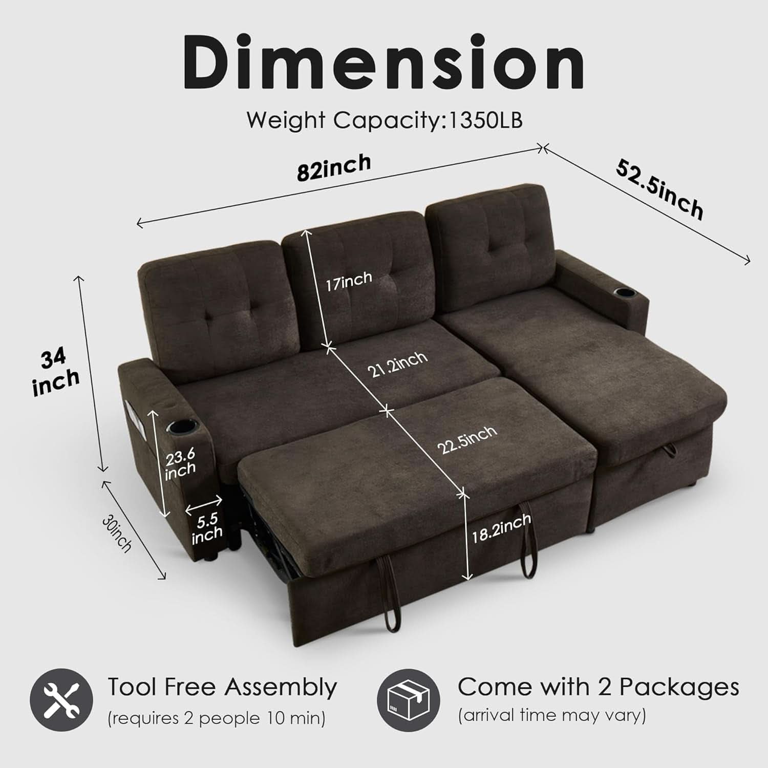 Dark Grey Microfiber Reversible Sectional Sofa Bed With USB