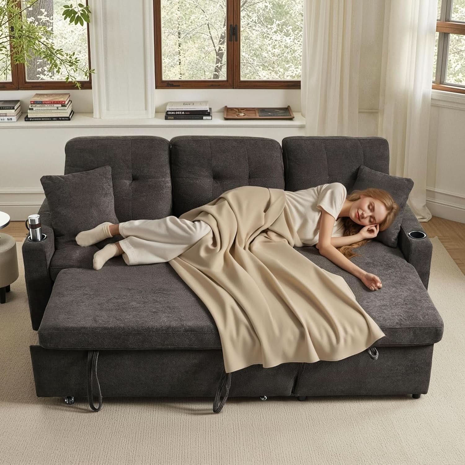 Dark Grey Microfiber Reversible Sectional Sofa Bed With USB