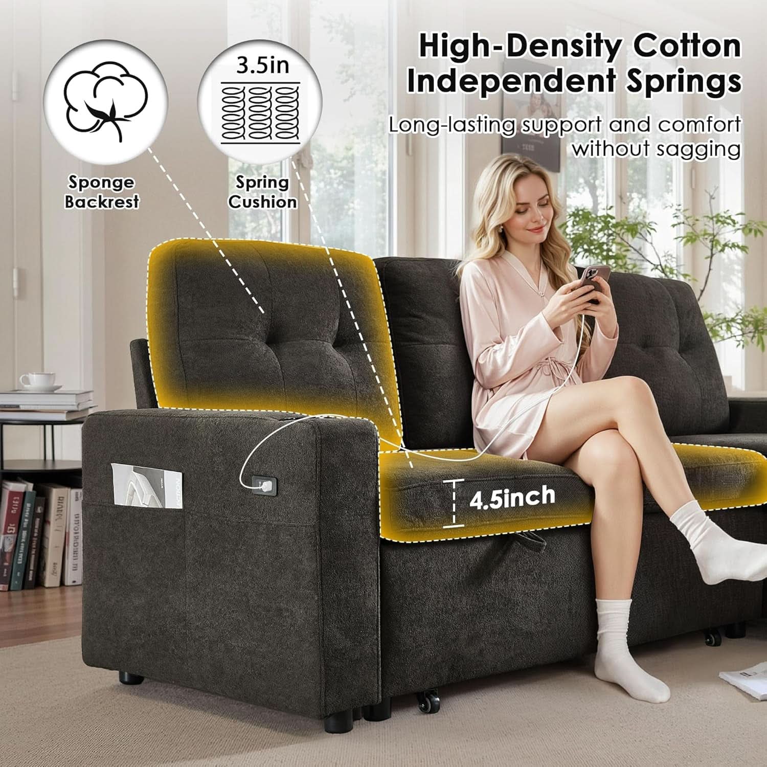 Dark Grey Microfiber Reversible Sectional Sofa Bed With USB