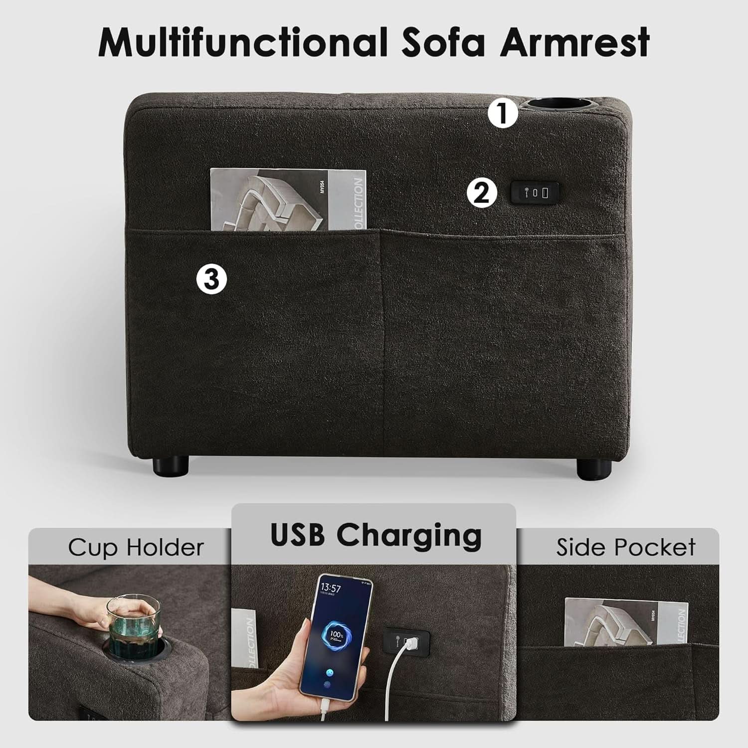 Dark Grey Microfiber Reversible Sectional Sofa Bed With USB