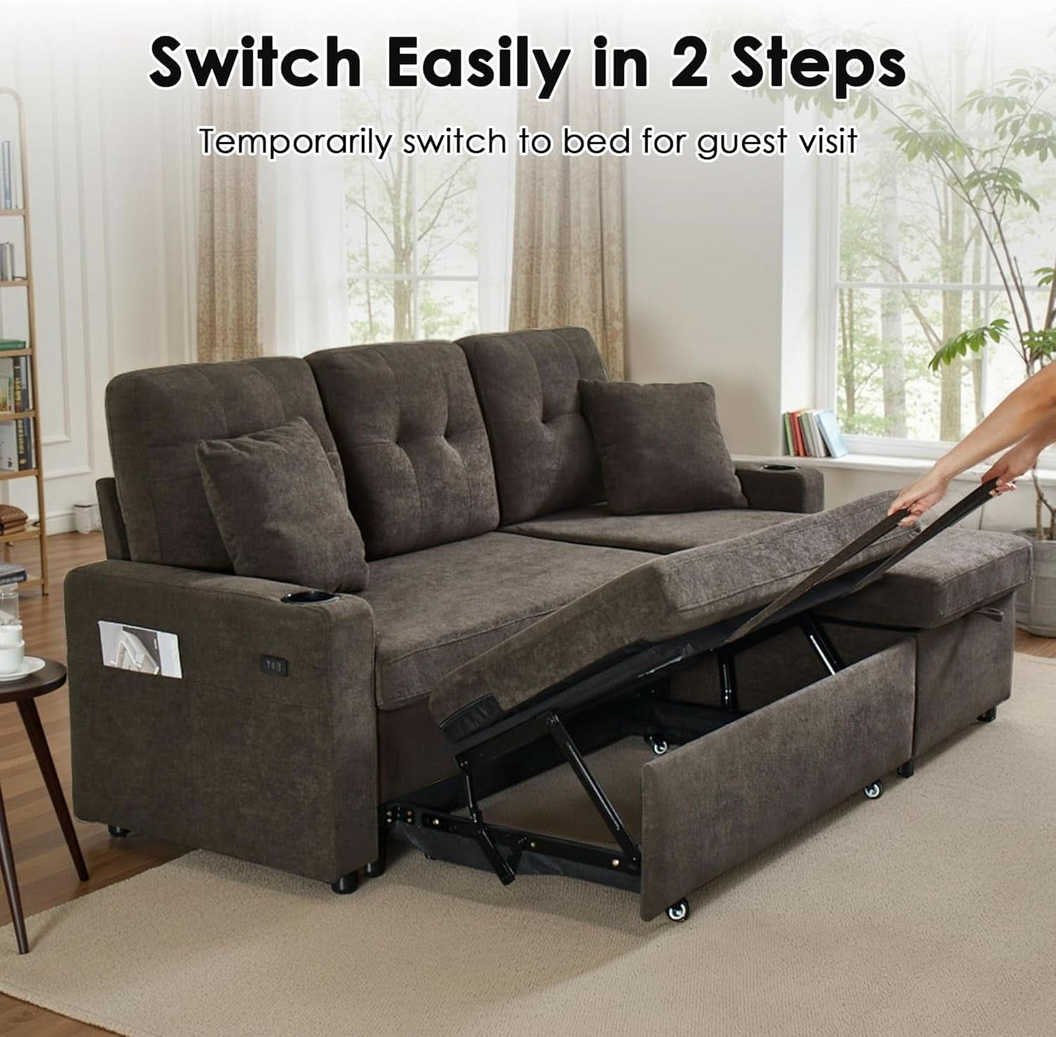 Dark Grey Microfiber Reversible Sectional Sofa Bed With USB