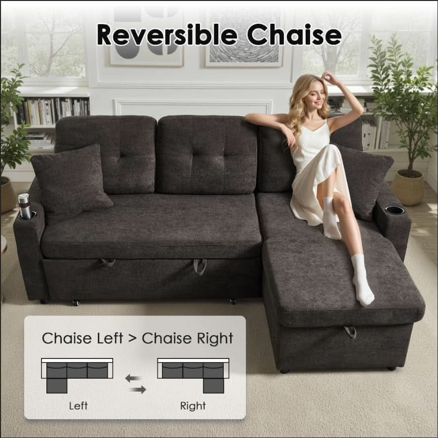 Dark Grey Microfiber Reversible Sectional Sofa Bed With USB