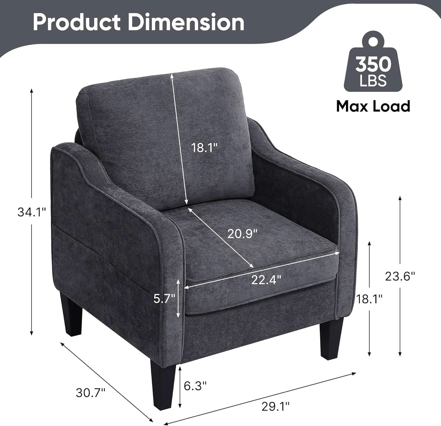 Dark Grey Mid Century Modern Accent Chair For Living Room