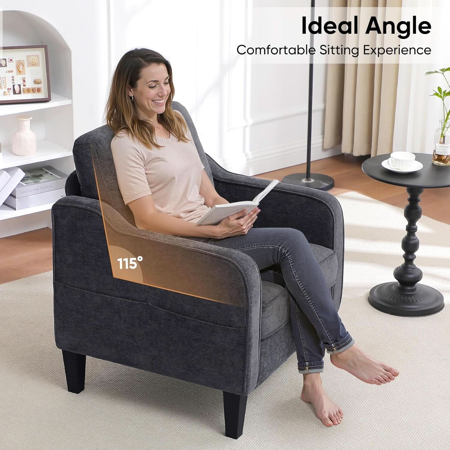 Dark Grey Mid Century Modern Accent Chair For Living Room