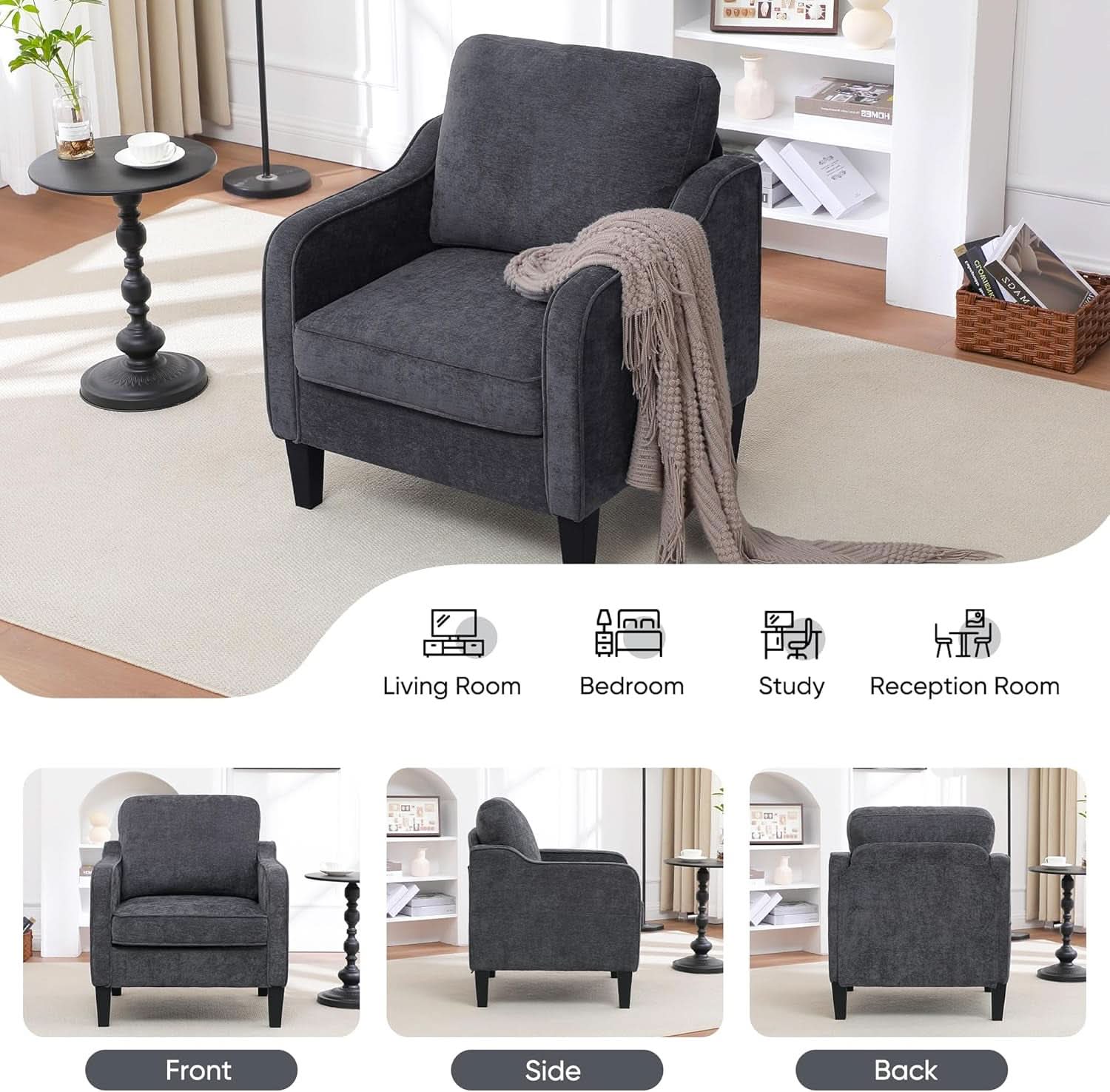 Dark Grey Mid Century Modern Accent Chair For Living Room