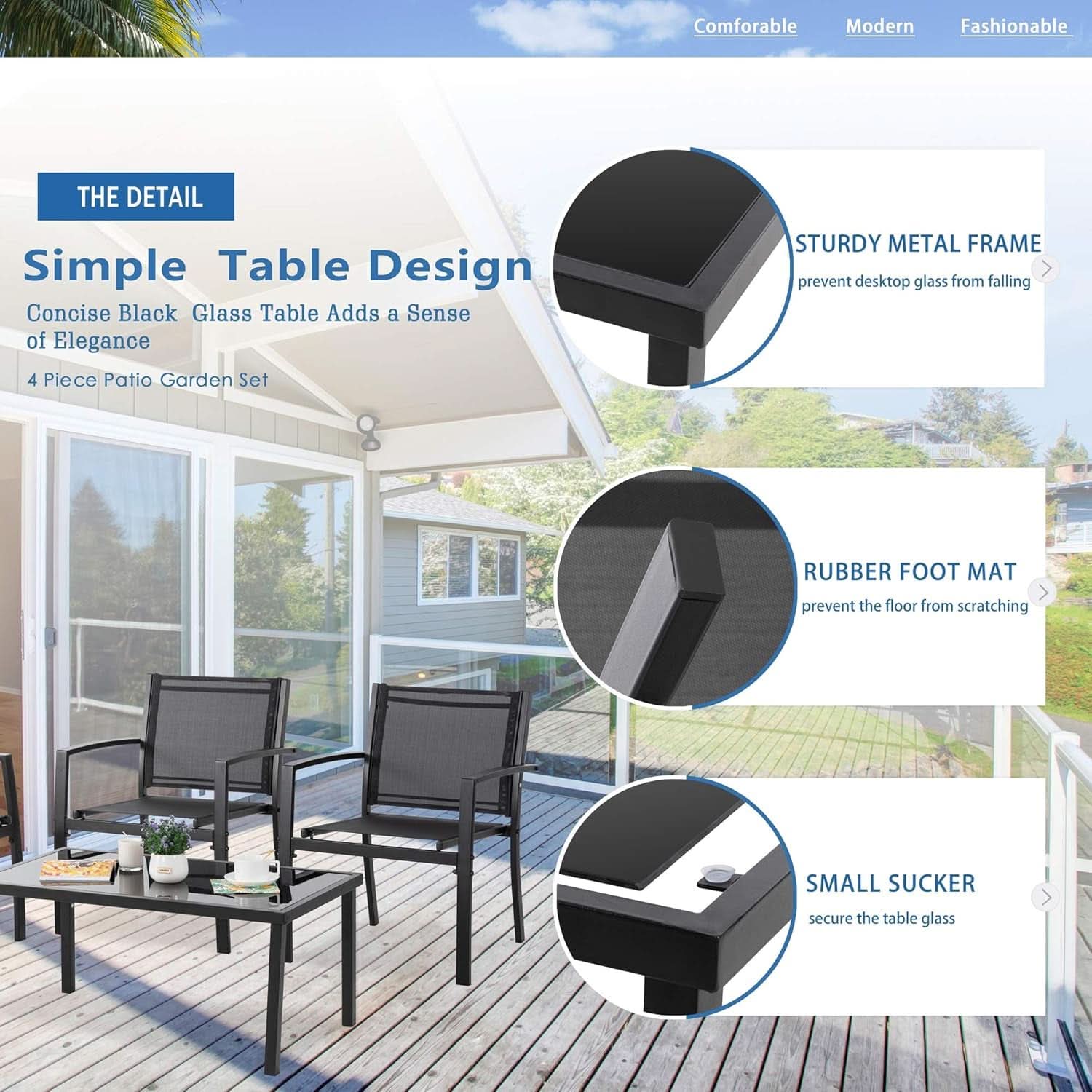 Dark Grey Outdoor Patio Set With Glass Coffee Table