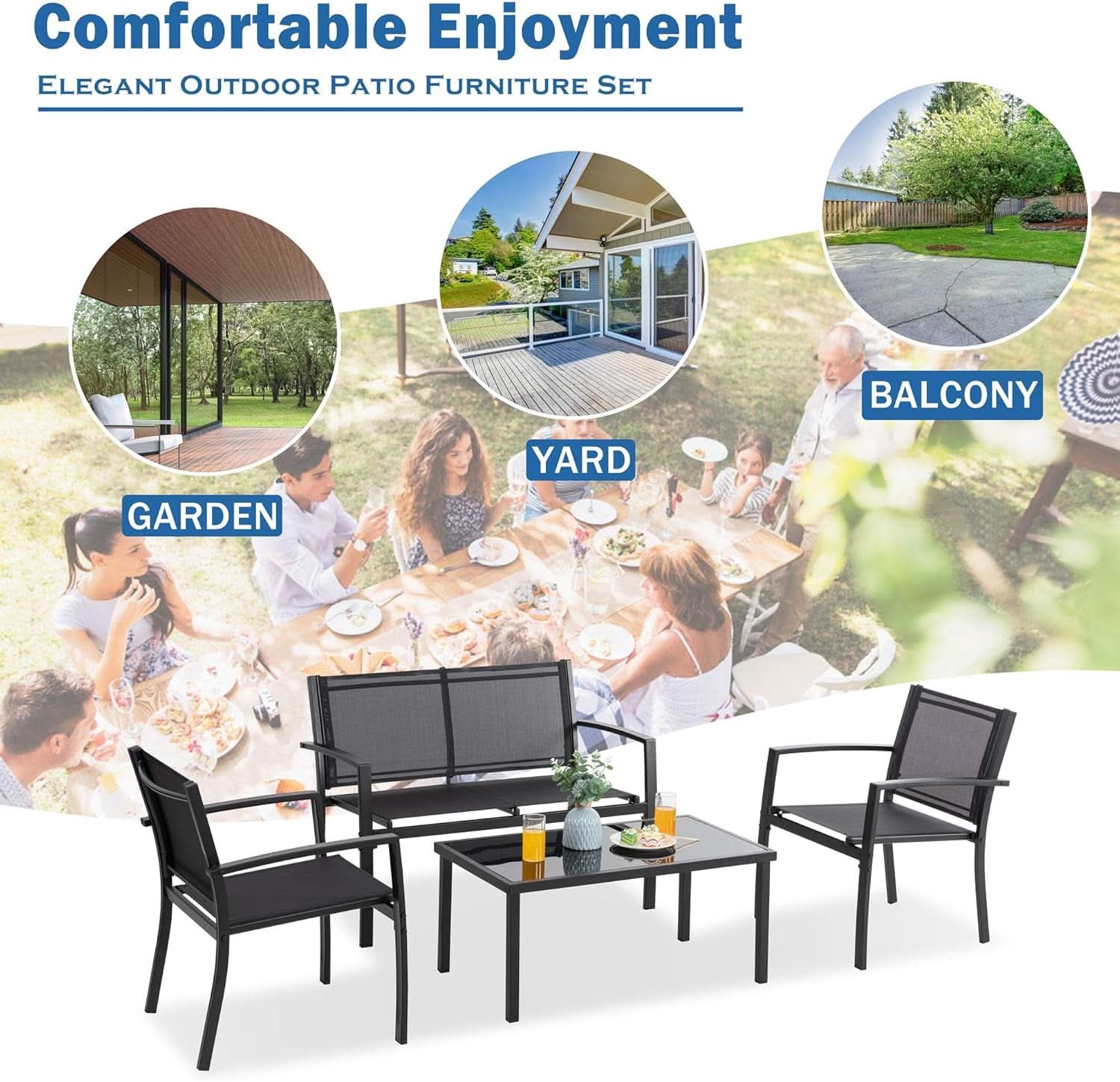 Dark Grey Outdoor Patio Set With Glass Coffee Table