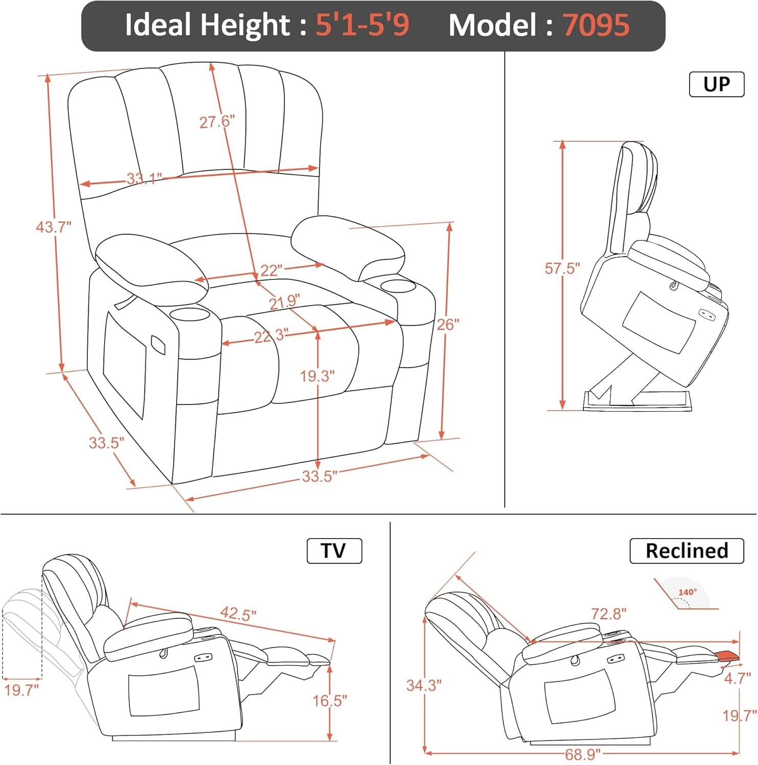 Dark Grey Power Lift Recliner With Massage And USB Charging