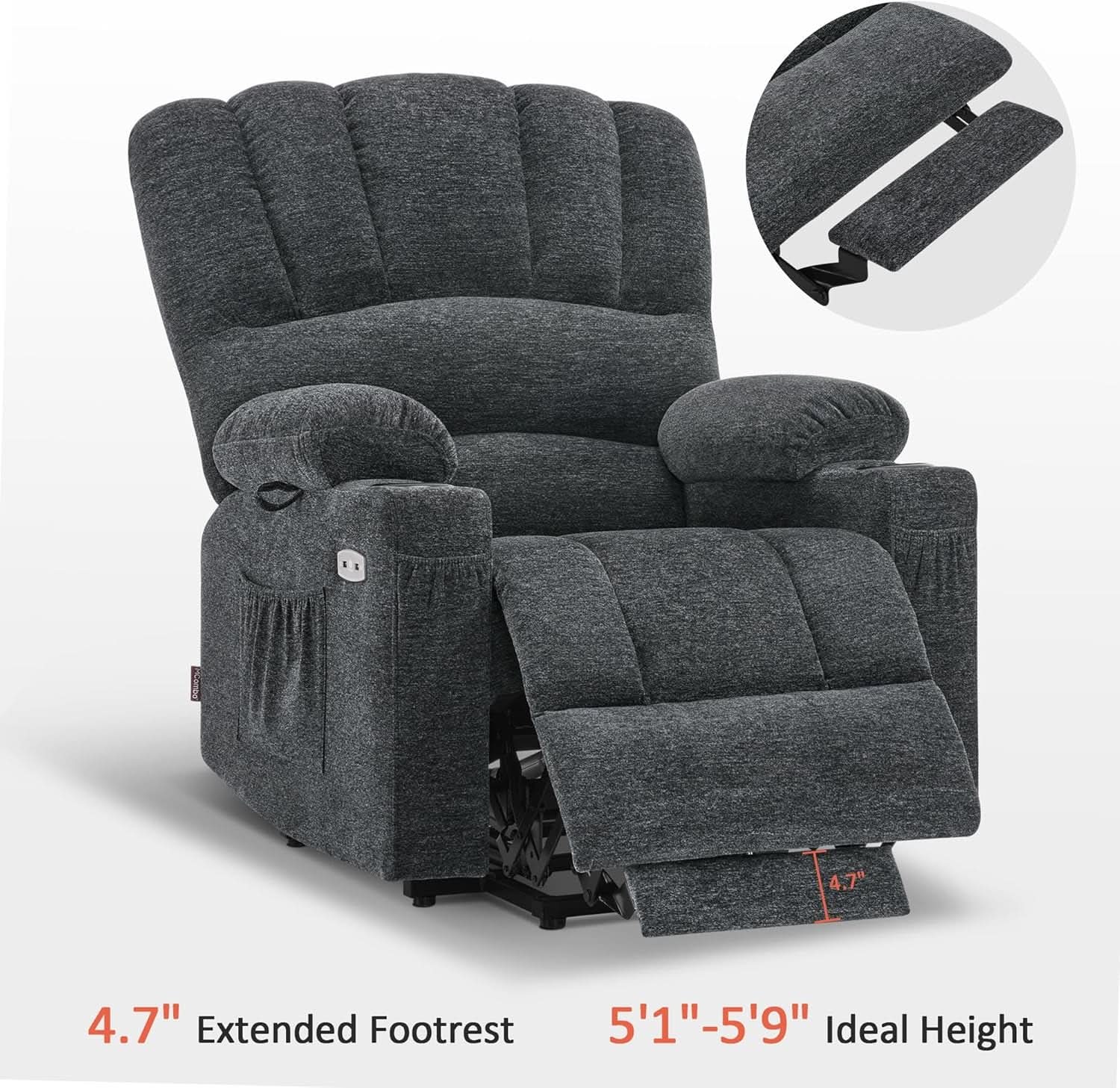 Dark Grey Power Lift Recliner With Massage And USB Charging