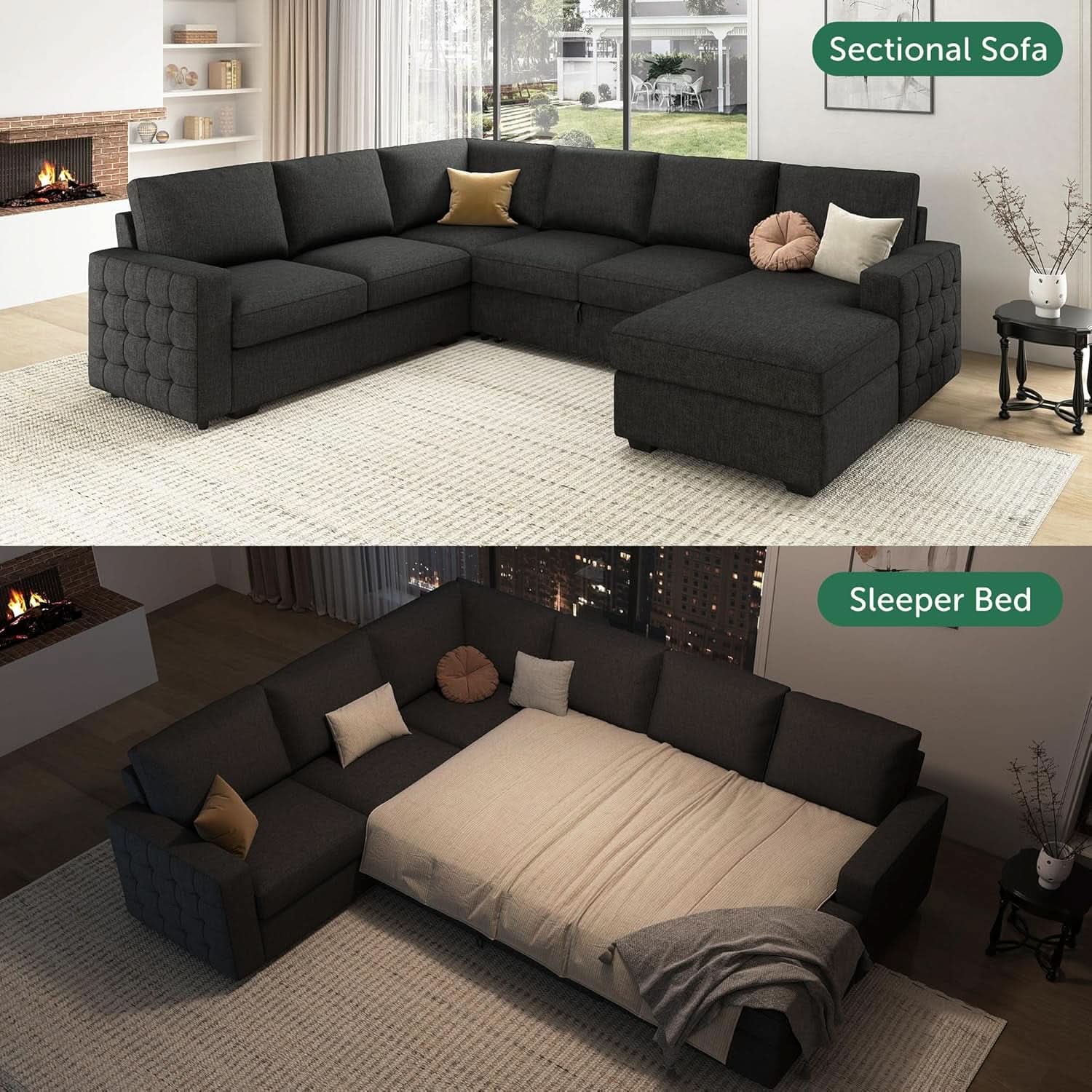 Dark Grey Sectional Sleeper Sofa With Pull Out Bed