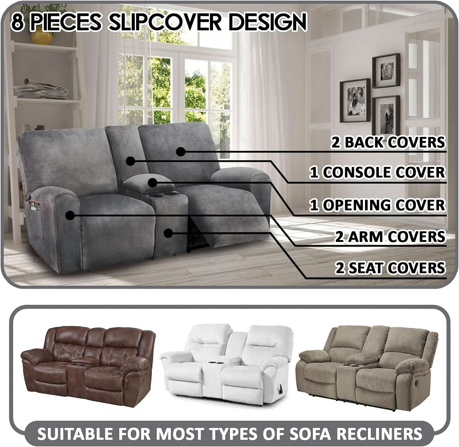 Dark Grey Velvet 8 Piece Reclining Loveseat Slipcover