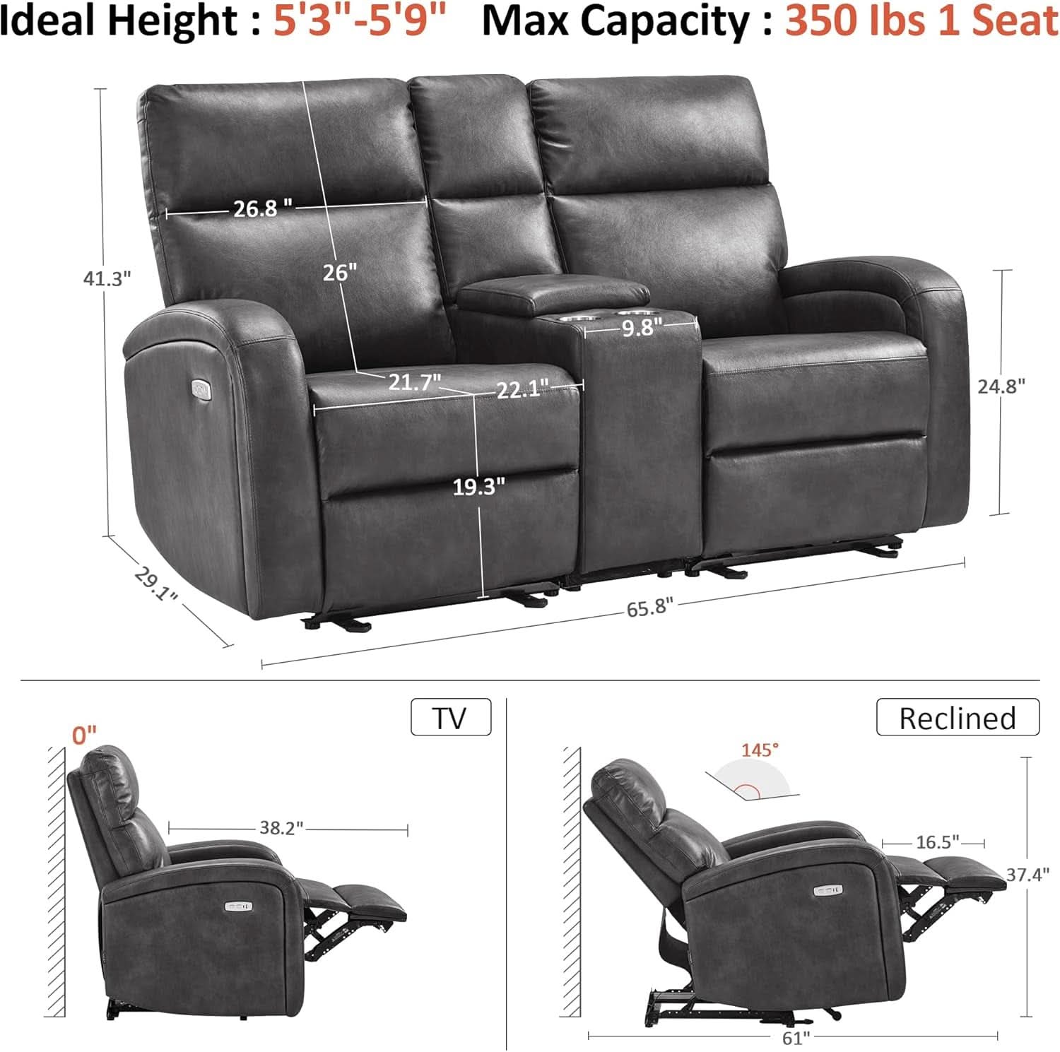 Dark Grey Zero Wall Power Recliner Loveseat With USB Ports
