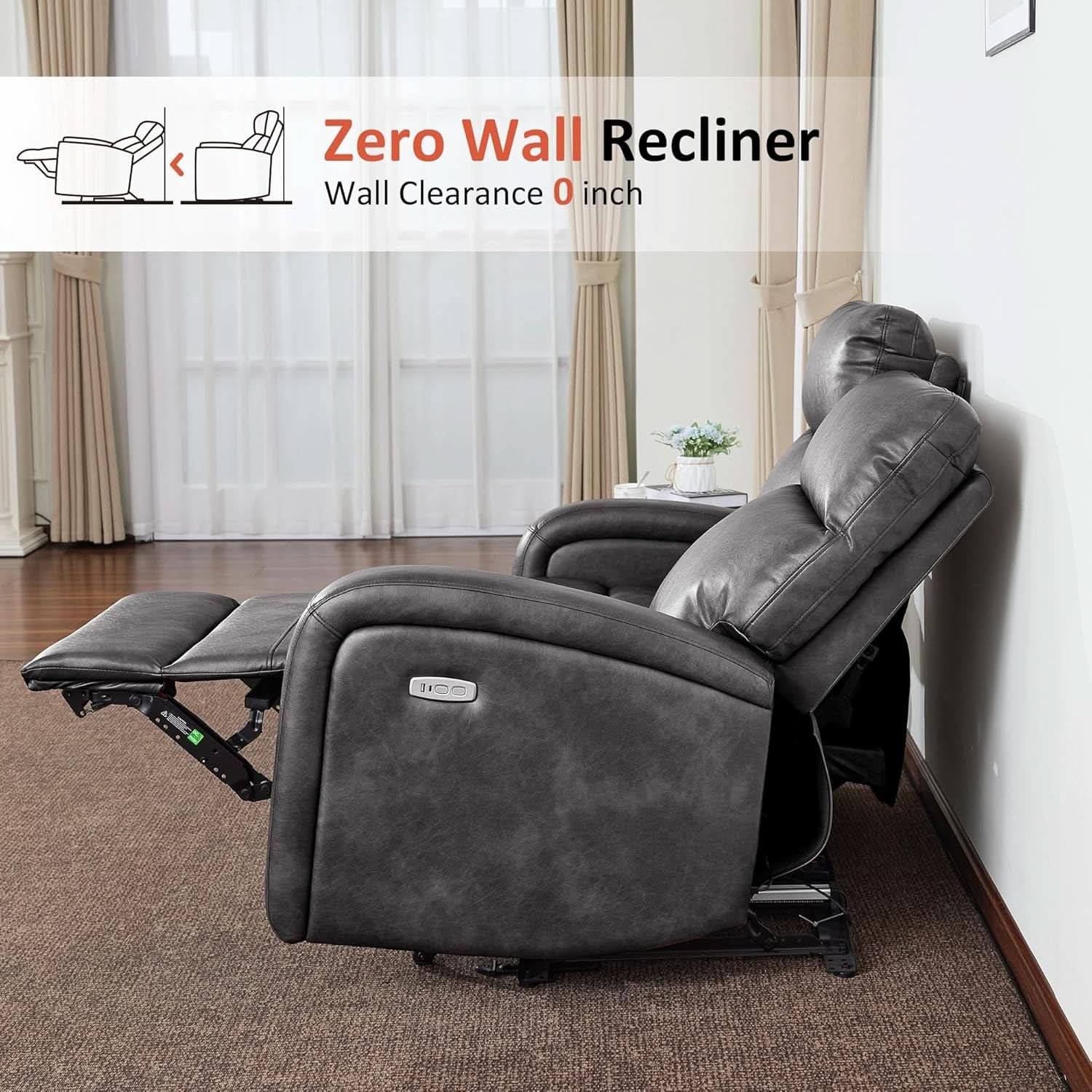 Dark Grey Zero Wall Power Recliner Loveseat With USB Ports