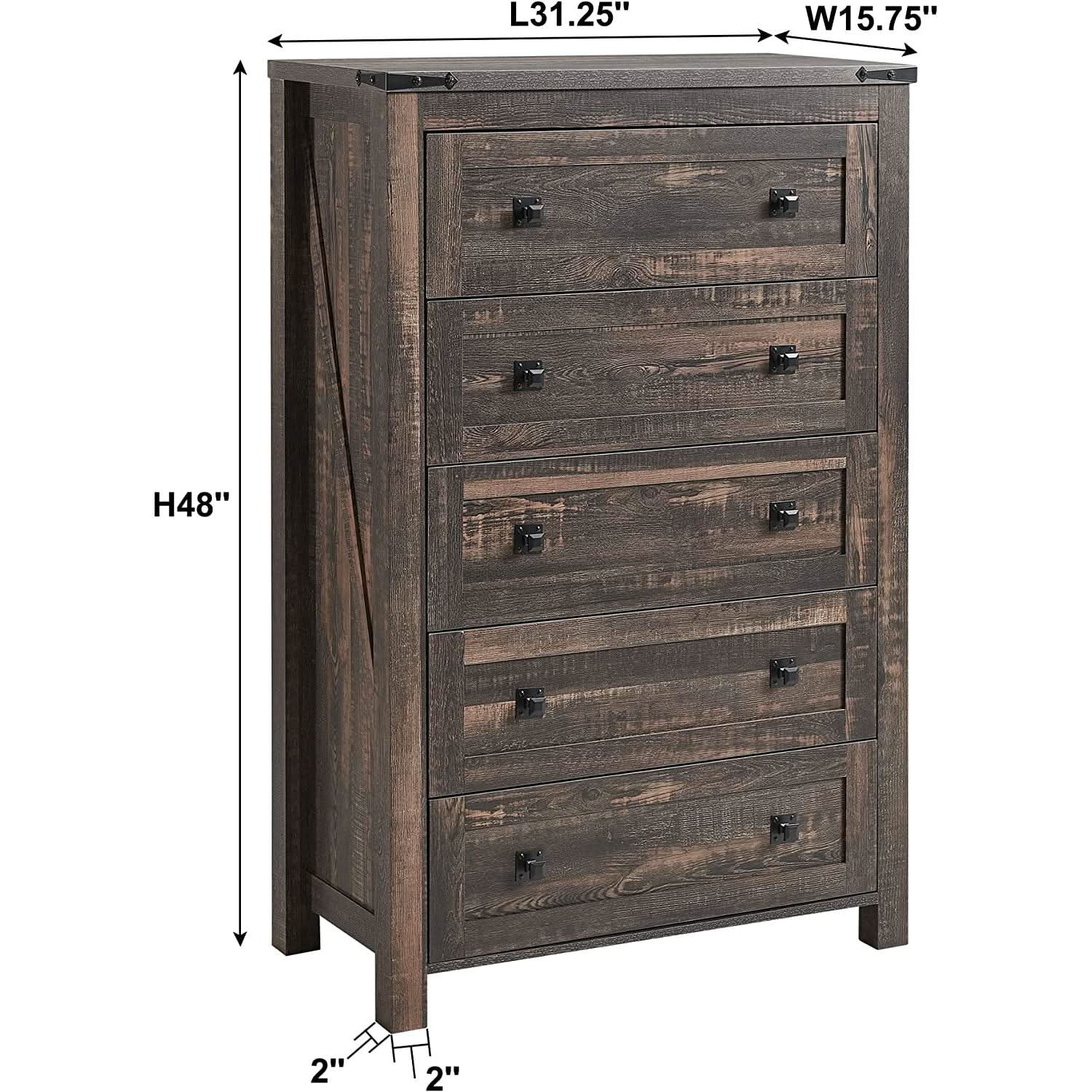 Dark Rustic Oak Five Drawer Dresser Bedroom Storage