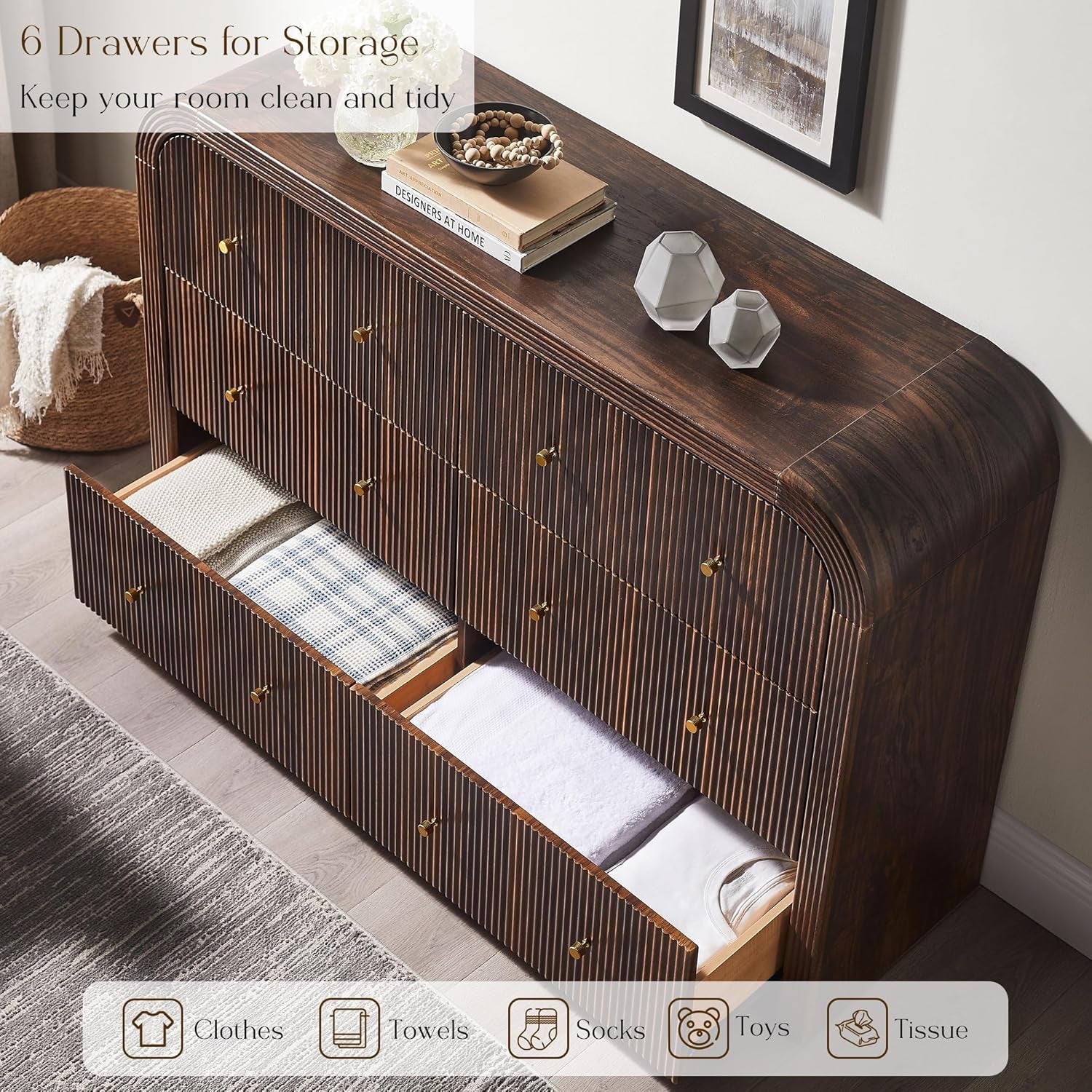 Dark Walnut Fluted Six Drawer Dresser 54 Inch Wide
