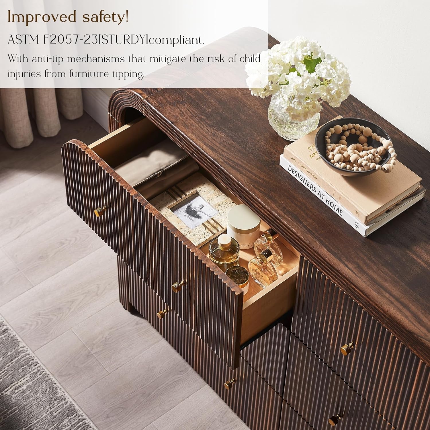Dark Walnut Fluted Six Drawer Dresser 54 Inch Wide