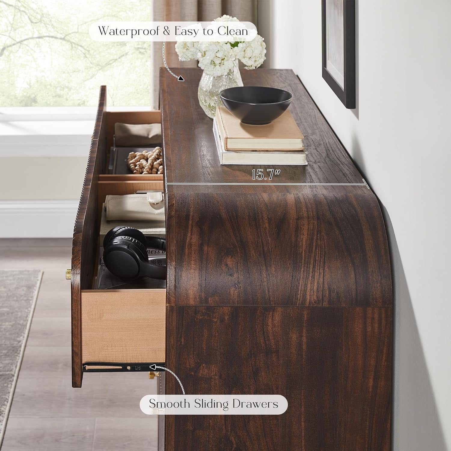 Dark Walnut Fluted Six Drawer Dresser 54 Inch Wide