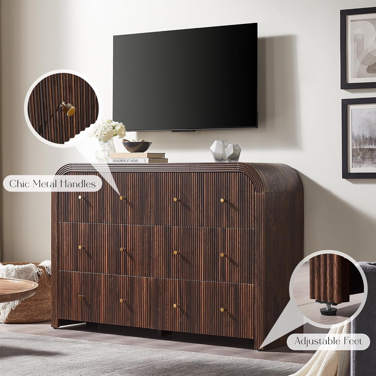 Dark Walnut Fluted Six Drawer Dresser 54 Inch Wide