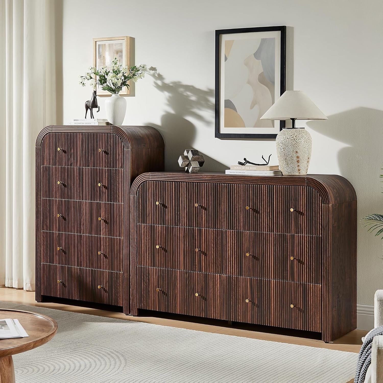 Dark Walnut Fluted Six Drawer Dresser 54 Inch Wide