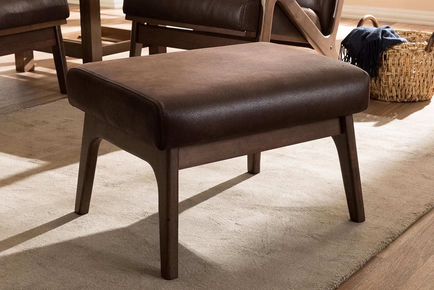 Dark Walnut Ottoman Distressed Faux Leather Upholstery