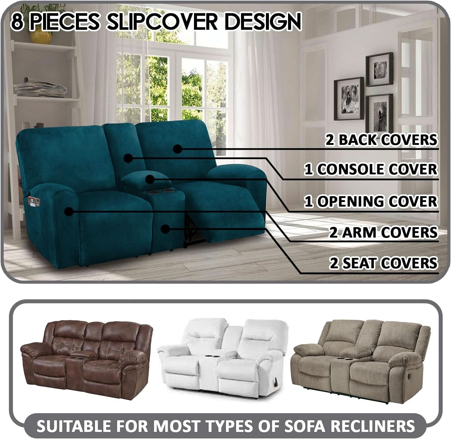Deep Teal Velvet 8 Piece Reclining Loveseat Cover Set