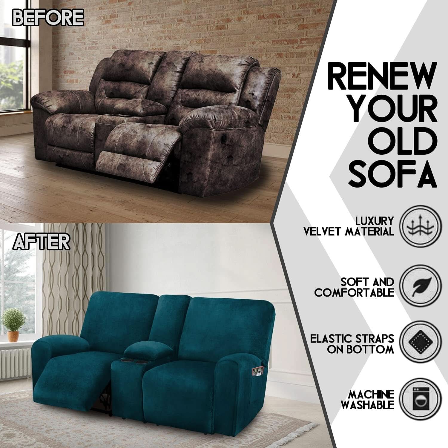 Deep Teal Velvet 8 Piece Reclining Loveseat Cover Set