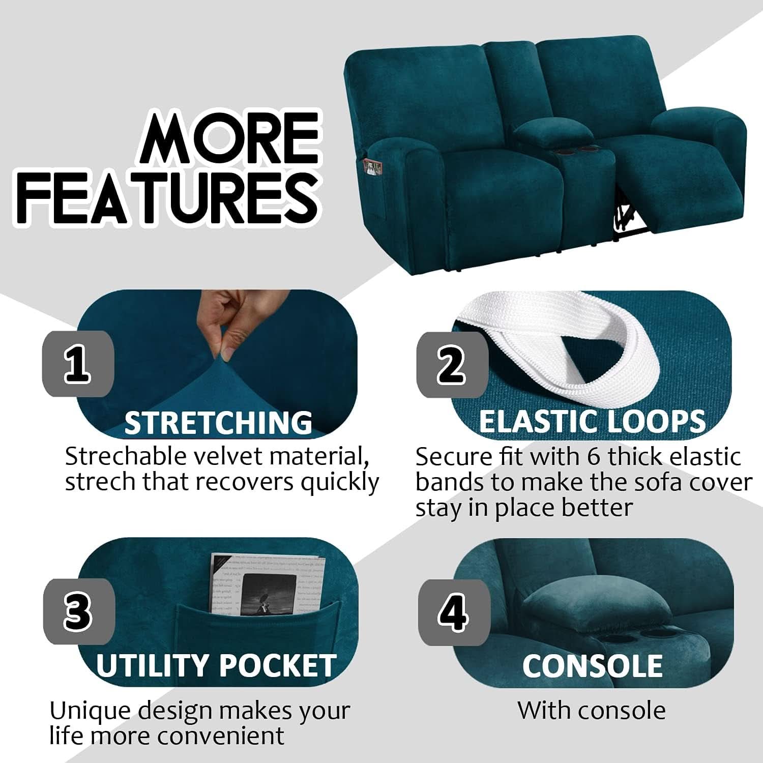 Deep Teal Velvet 8 Piece Reclining Loveseat Cover Set