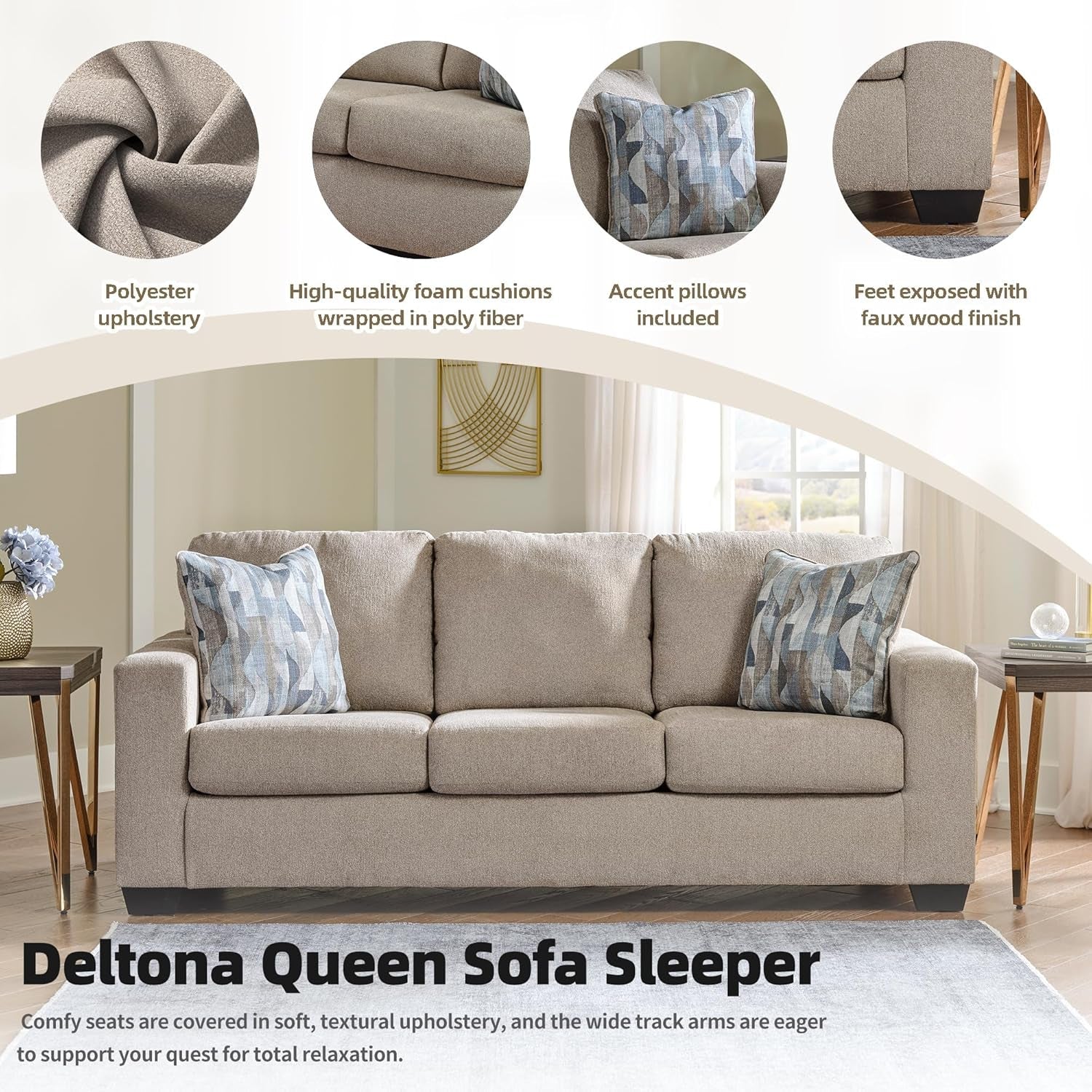 Deltona Contemporary Queen Beige Sofa Sleeper MemoryFoam