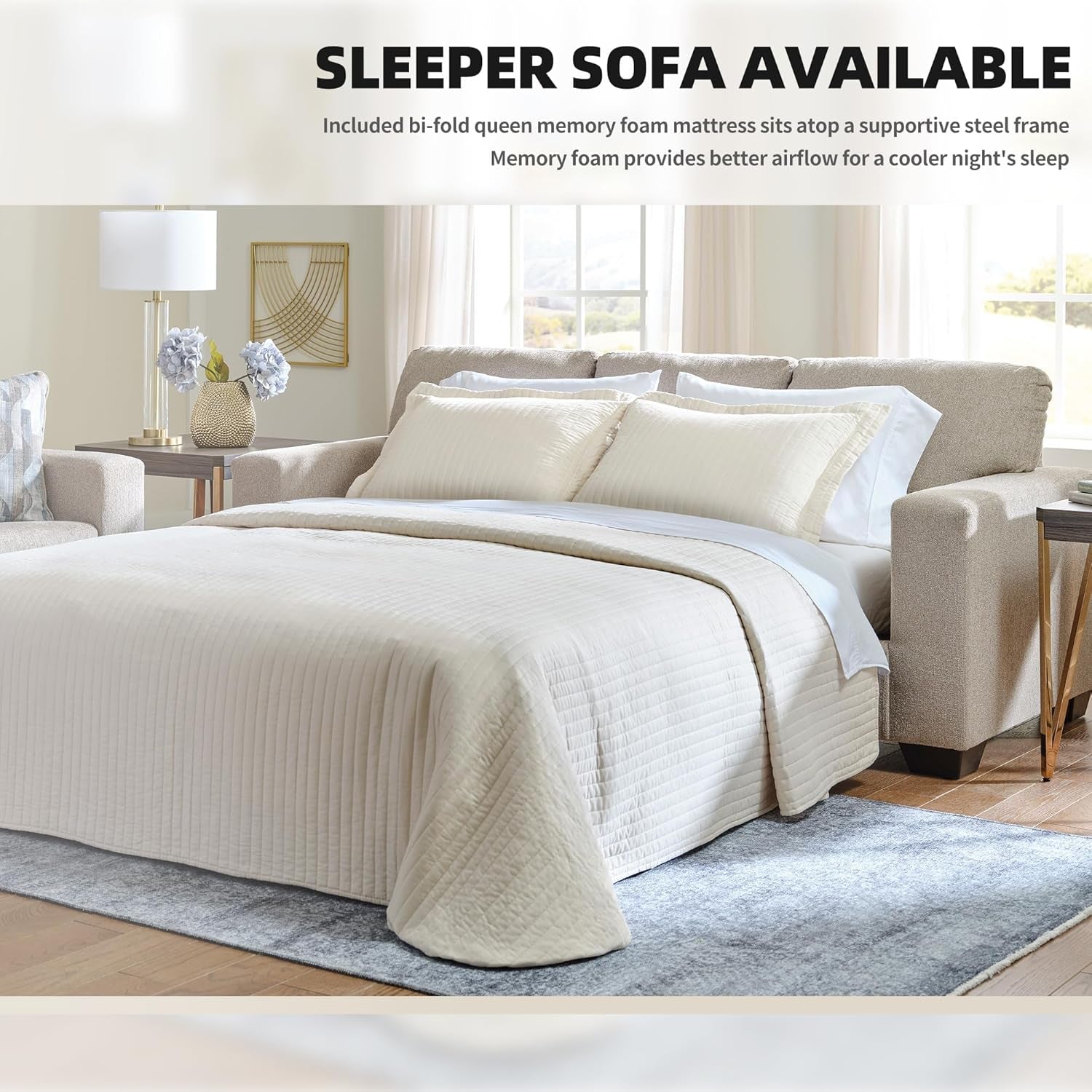 Deltona Contemporary Queen Beige Sofa Sleeper MemoryFoam