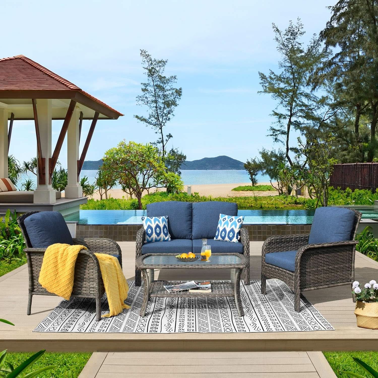Denim Blue 4 Piece Outdoor Patio Furniture Set Cushions