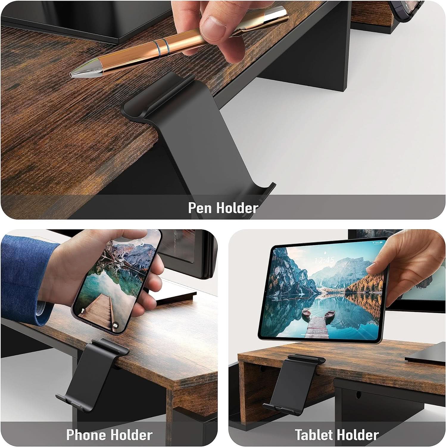 Desk Dual Monitor Stand Riser With Drawer Rustic Brown