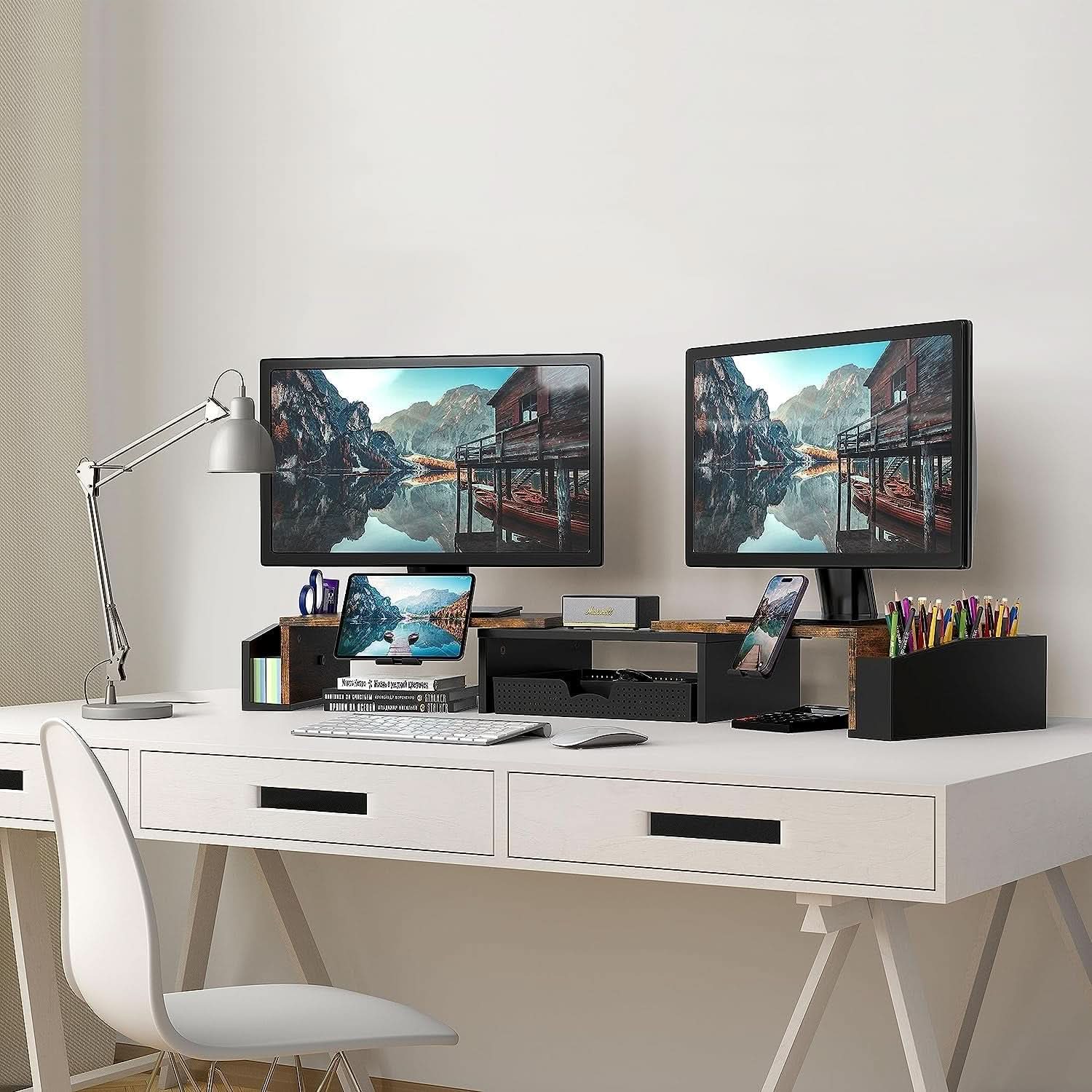 Desk Dual Monitor Stand Riser With Drawer Rustic Brown