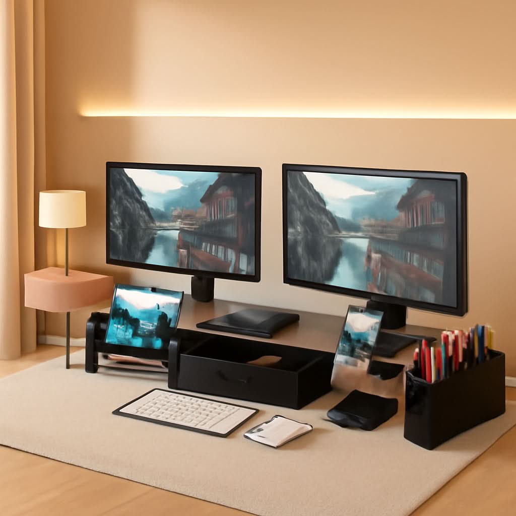 Desk Dual Monitor Stand Riser With Drawer Rustic Brown