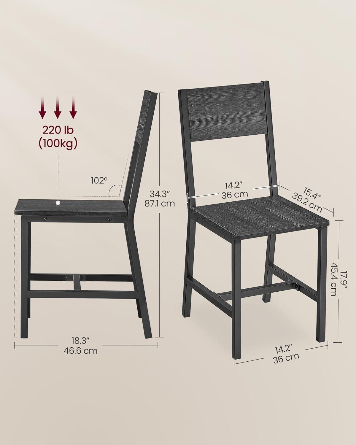 Dining Chair Set Of 2 Rustic Wood And Metal Frame Charcoal Black