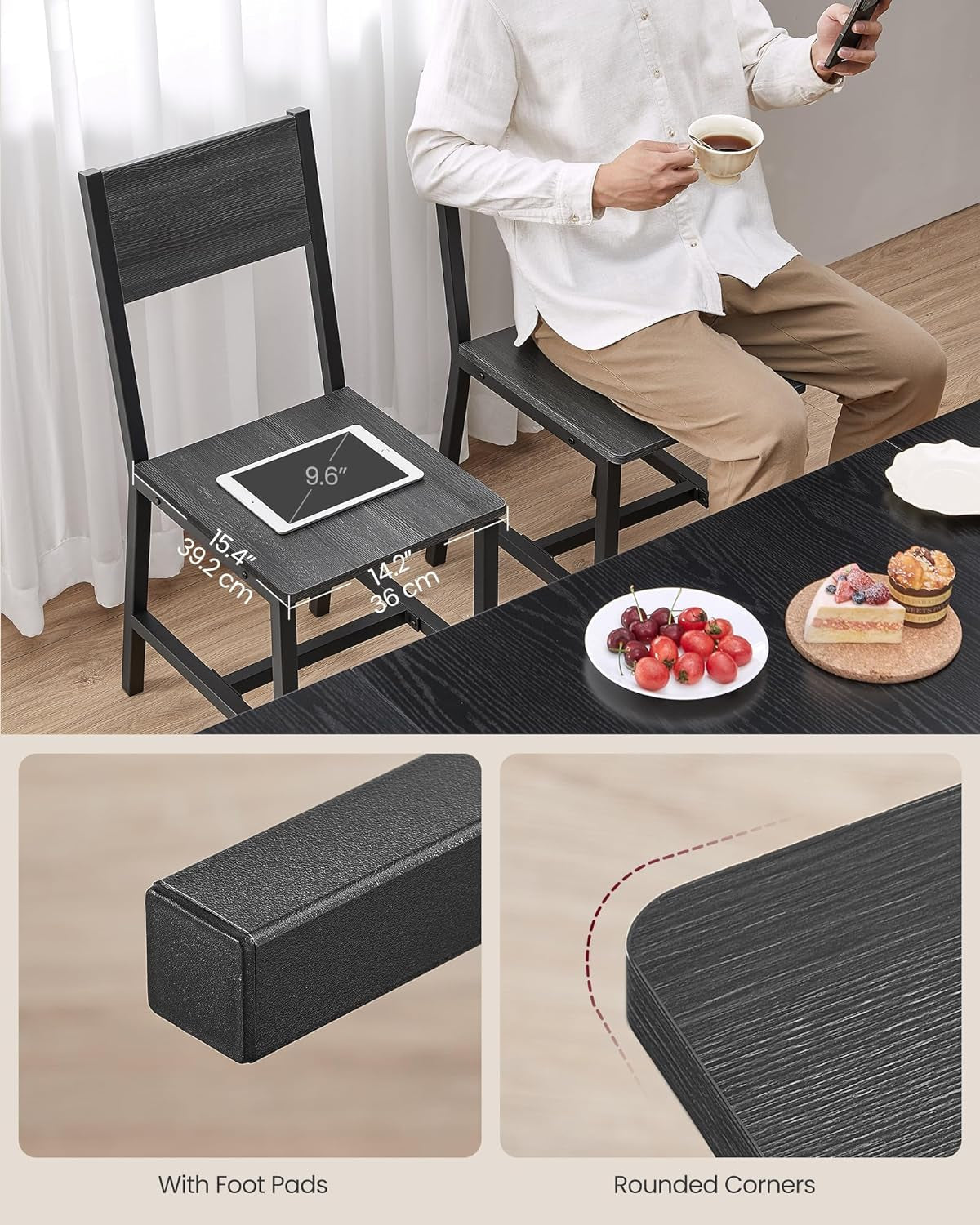 Dining Chair Set Of 2 Rustic Wood And Metal Frame Charcoal Black