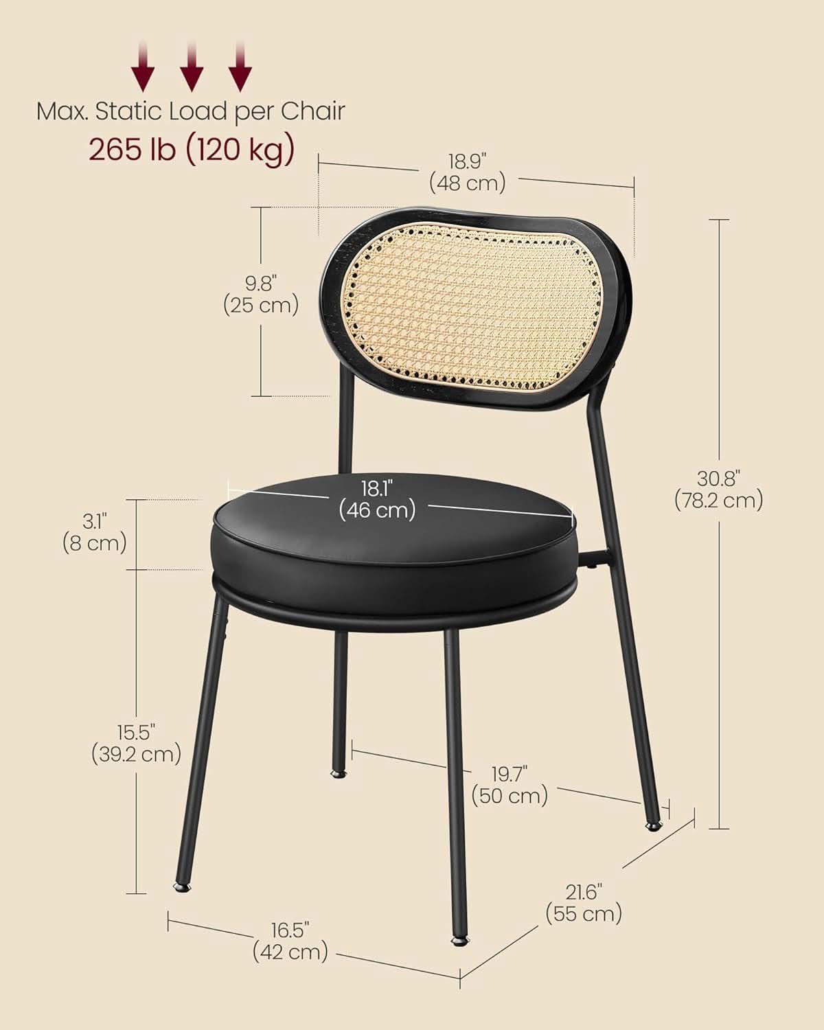 Dining Chair Set Of 4 Boho Rattan Back Leather Upholstery Ink Black