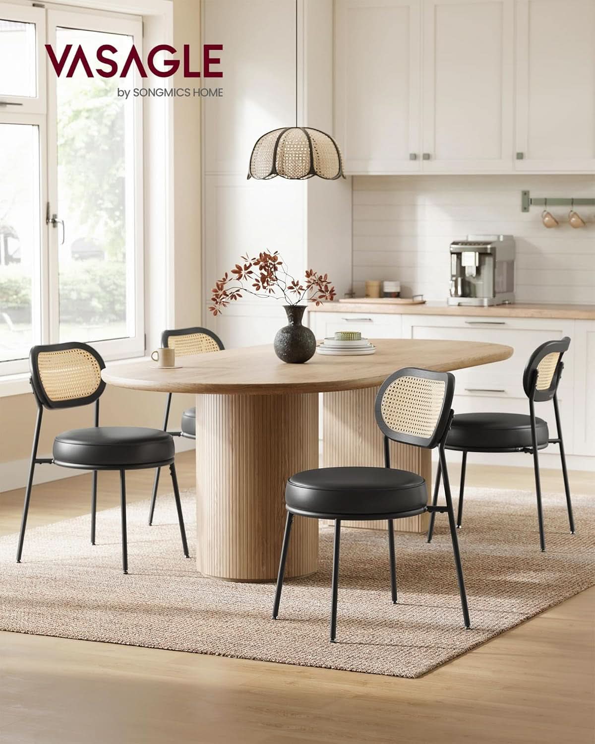 Dining Chair Set Of 4 Boho Rattan Back Leather Upholstery Ink Black
