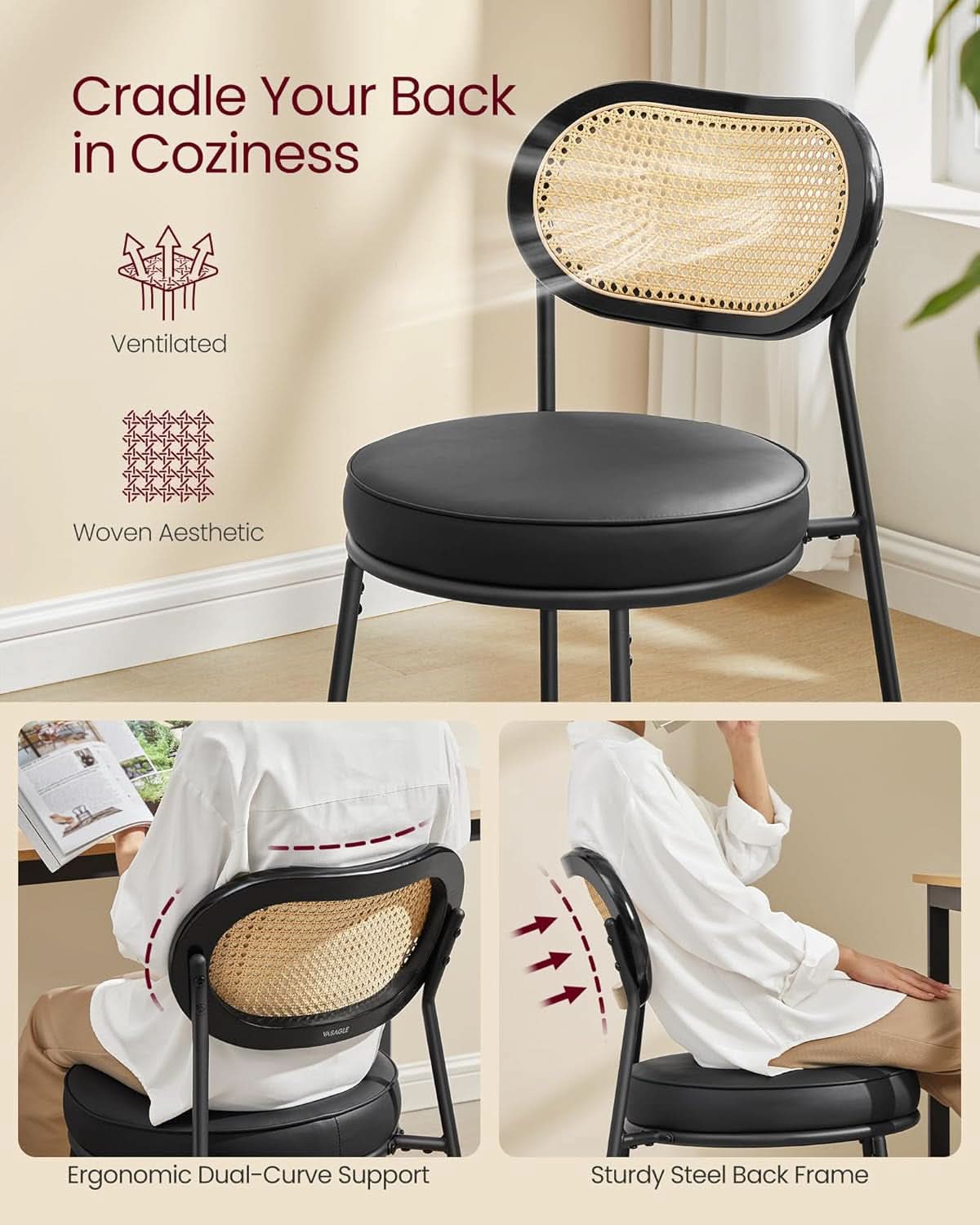 Dining Chair Set Of 4 Boho Rattan Back Leather Upholstery Ink Black