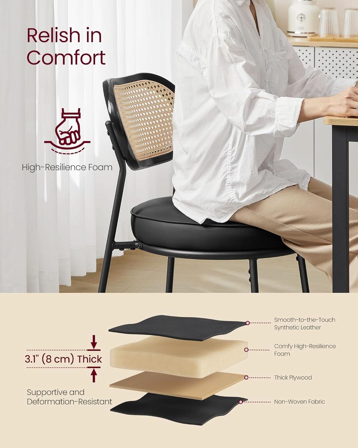 Dining Chair Set Of 4 Boho Rattan Back Leather Upholstery Ink Black