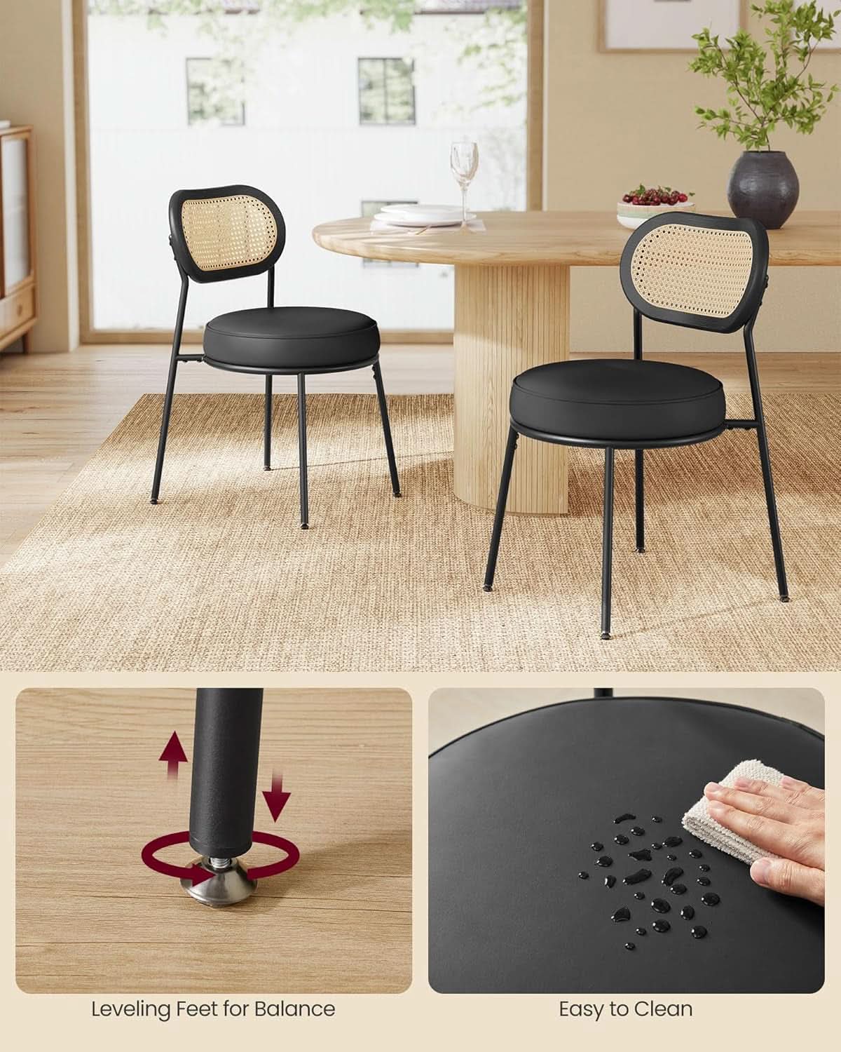 Dining Chair Set Of 4 Boho Rattan Back Leather Upholstery Ink Black