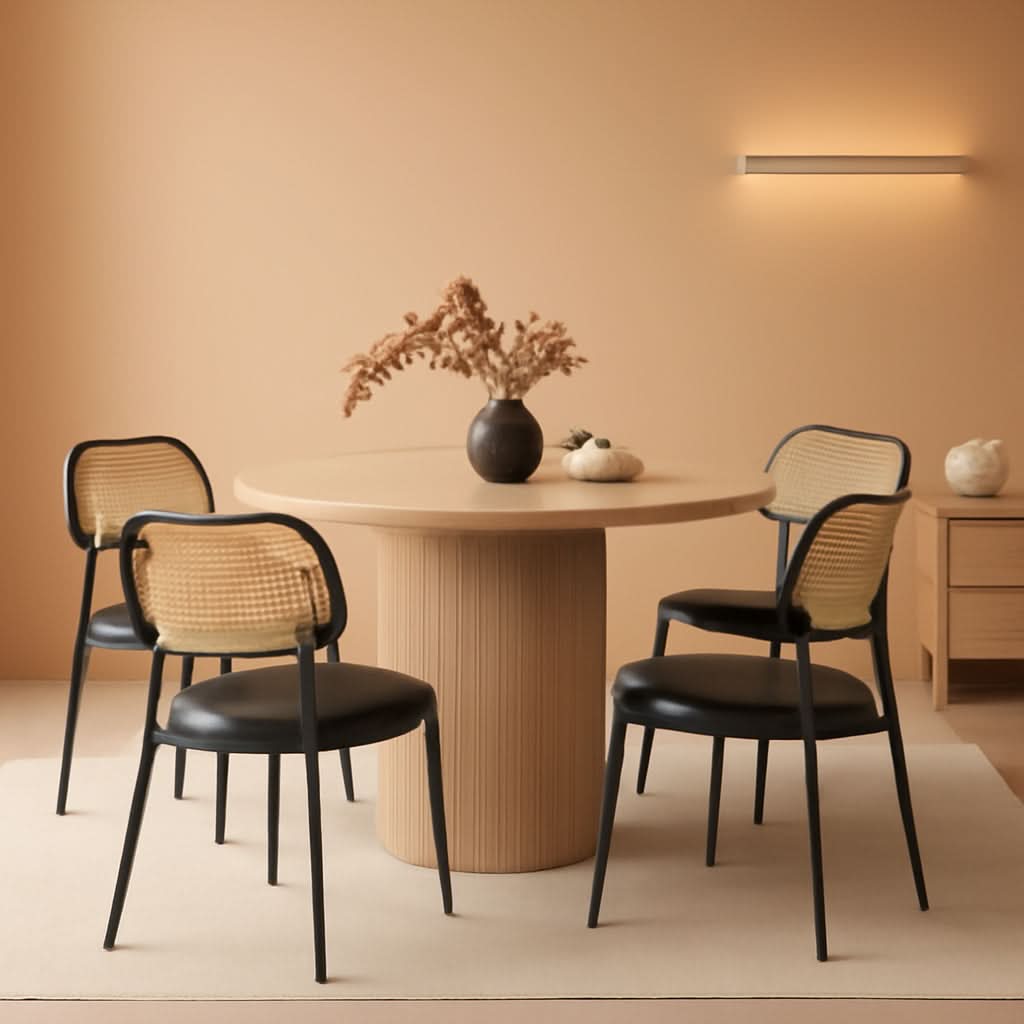 Dining Chair Set Of 4 Boho Rattan Back Leather Upholstery Ink Black