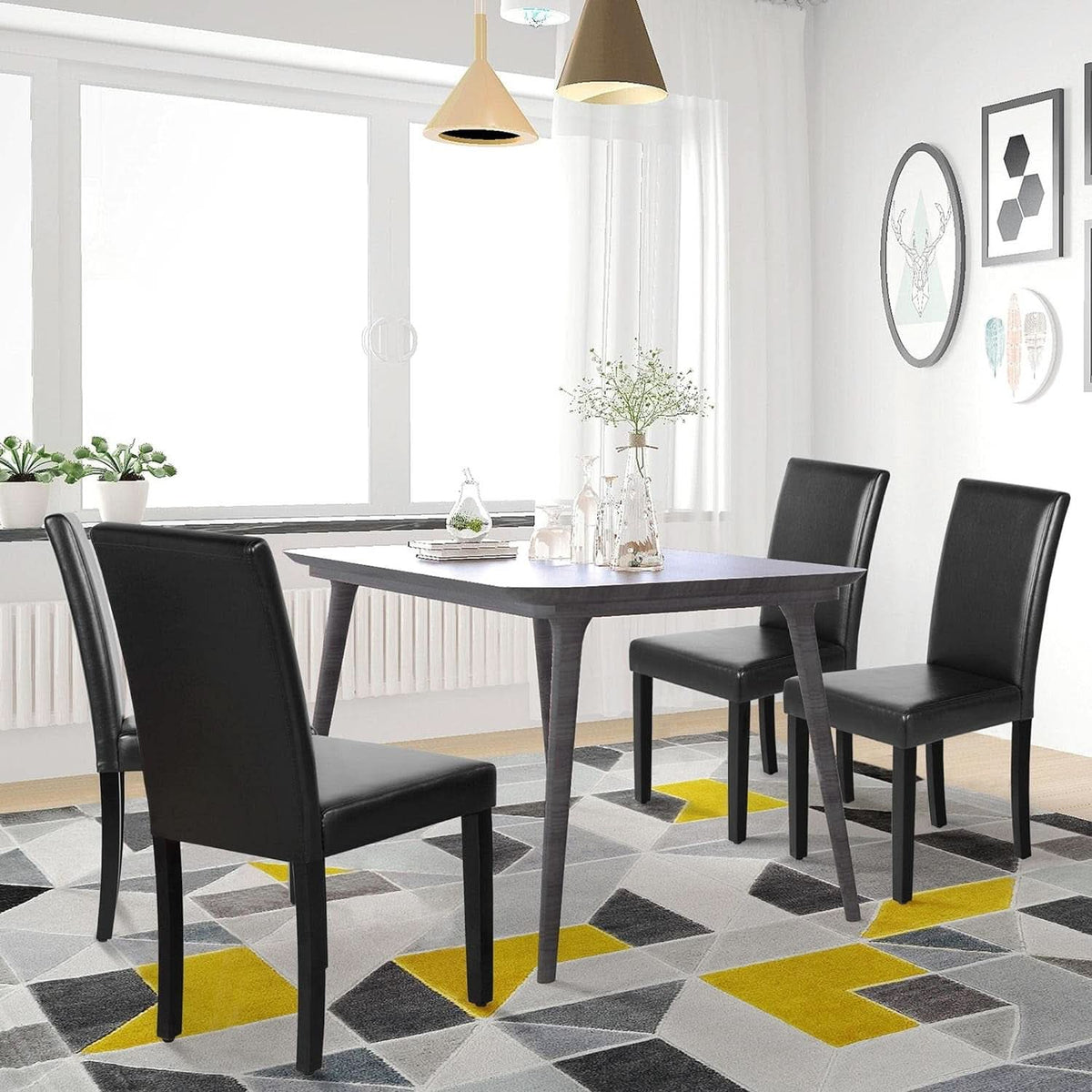Dining Chair Set Of 4 PU Leather Upholstered Chairs With Solid Wood Legs Black