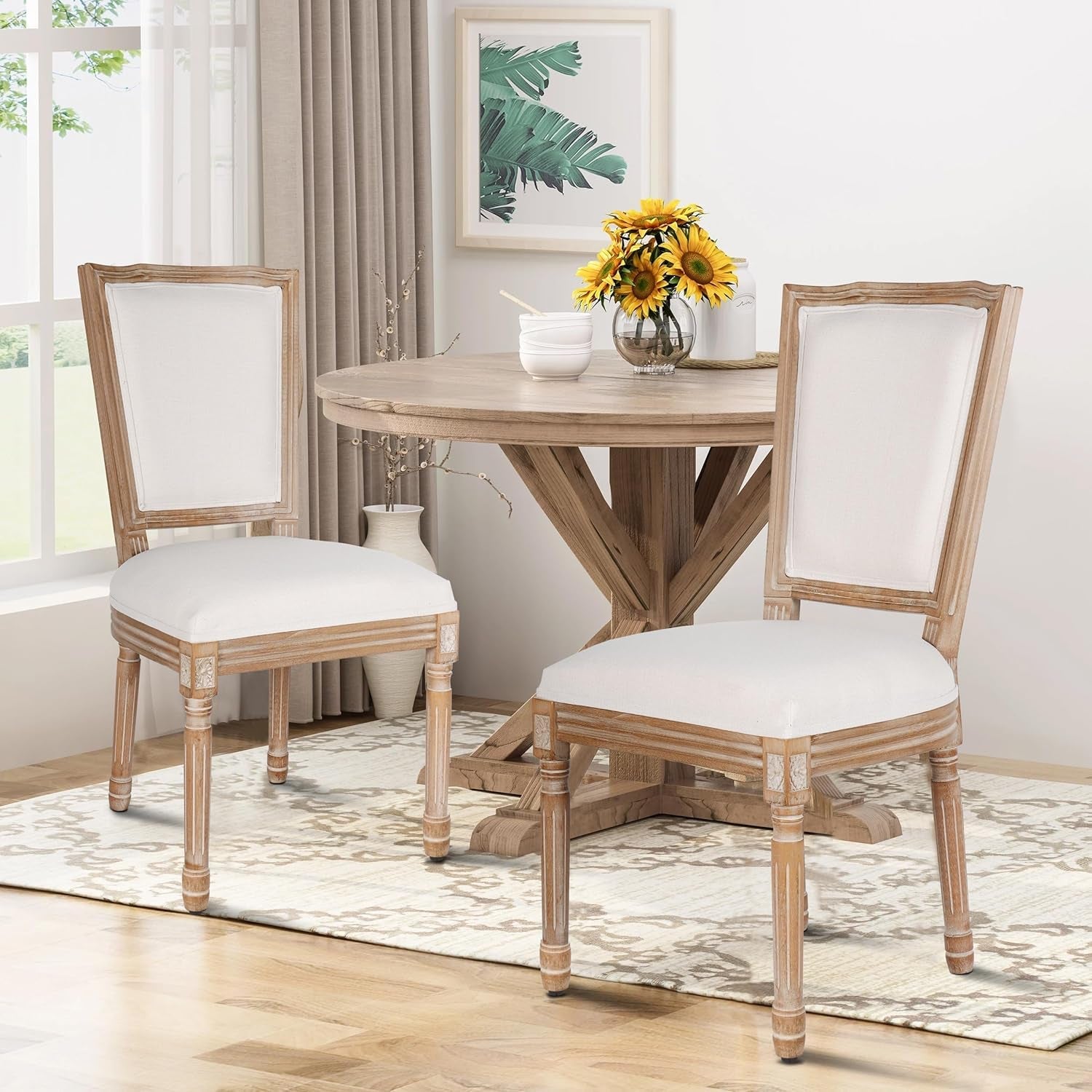 Dining Chairs Set Of 2 Beige Fabric Square Back With Solid Wood Frame